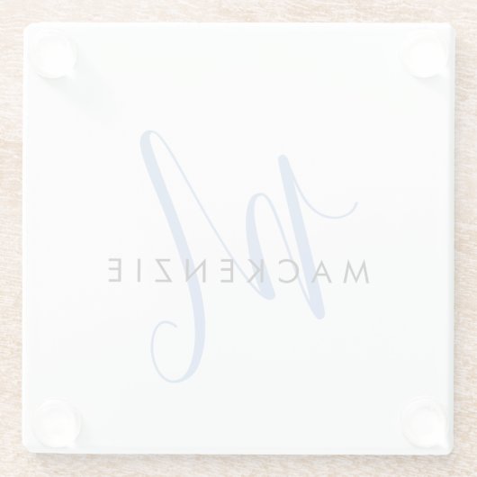 Elegant Modern White Blue Script Monogram Glasuntersetzer (Rückseite)