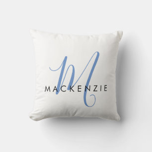 Elegant Modern White Blue Script Monogram Kissen