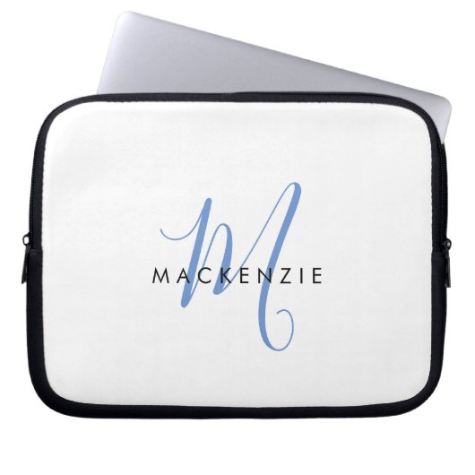 Elegant Modern White Blue Script Monogram Laptopschutzhülle (Vorderseite)