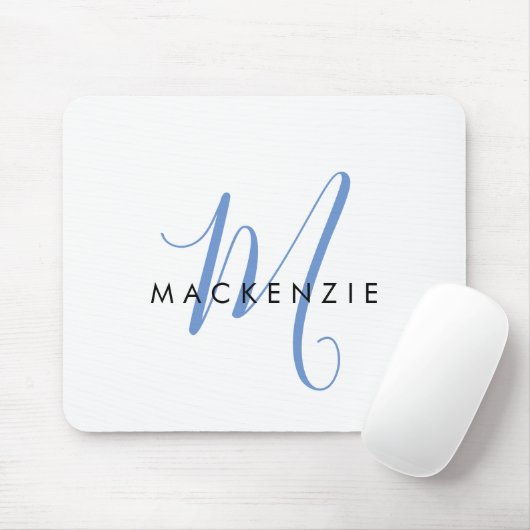 Elegant Modern White Blue Script Monogram Mousepad (Mit Mouse)