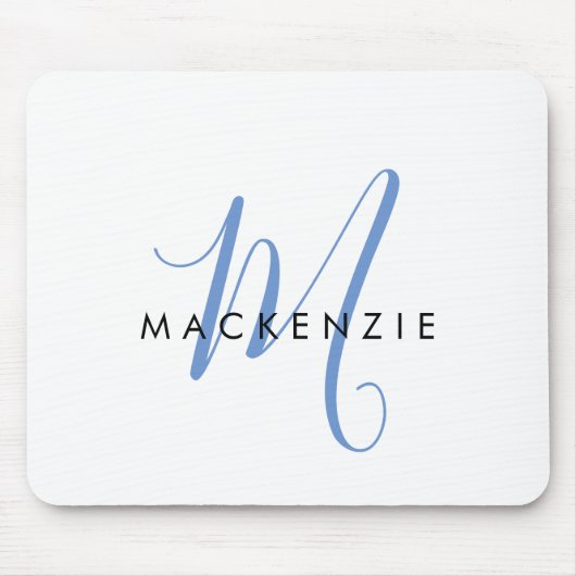 Elegant Modern White Blue Script Monogram Mousepad (Vorne)