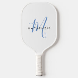 Elegant Modern White Blue Script Monogram Pickleball Schläger