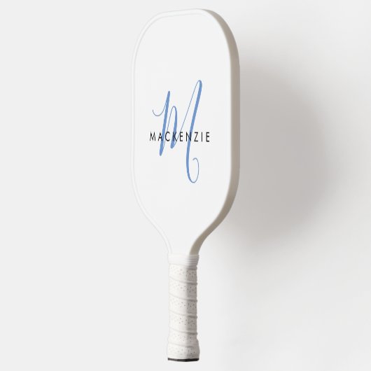 Elegant Modern White Blue Script Monogram Pickleball Schläger (Links)