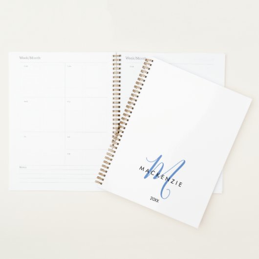 Elegant Modern White Blue Script Monogram Planer (Anzeige)