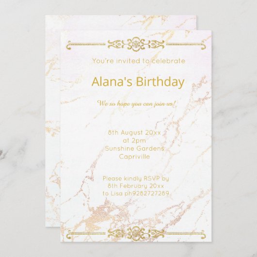 ELEGANT MODERN WHITE GOLD MARBLE GRENZE EINLADUNG (Vorne/Hinten)