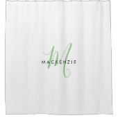 Elegant Modern White Green Script Monogram Duschvorhang (Vorderseite)