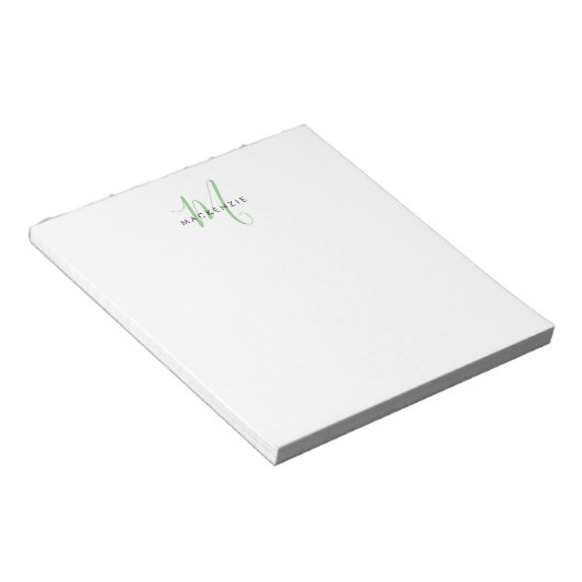 Elegant Modern White Green Script Monogram Notizblock (angewinkelt)