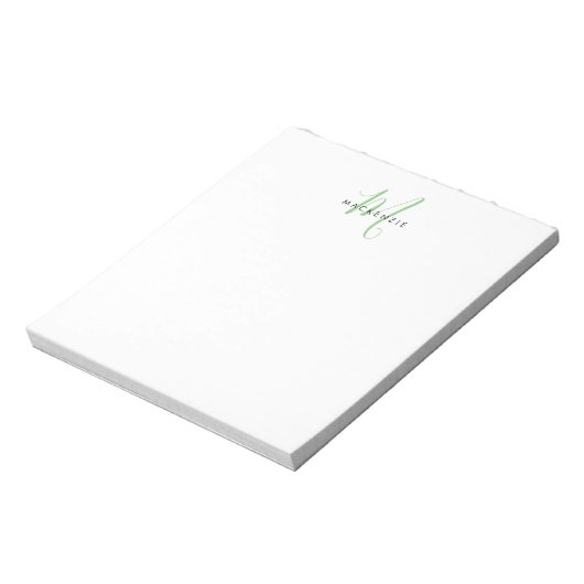 Elegant Modern White Green Script Monogram Notizblock (Rotiert)