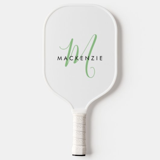 Elegant Modern White Green Script Monogram Pickleball Schläger (Rückseite)