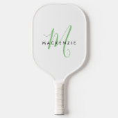 Elegant Modern White Green Script Monogram Pickleball Schläger (Vorderseite)