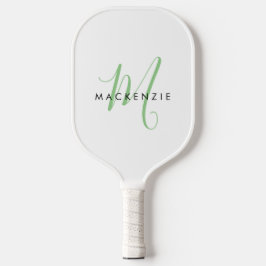 Elegant Modern White Green Script Monogram Pickleball Schläger