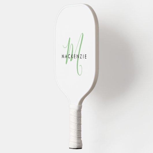 Elegant Modern White Green Script Monogram Pickleball Schläger (Links)