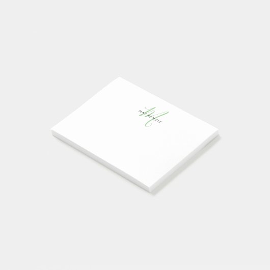 Elegant Modern White Green Script Monogram Post-it Klebezettel (angewinkelt)