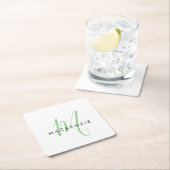 Elegant Modern White Green Script Monogram Rechteckiger Pappuntersetzer (Vor Ort)