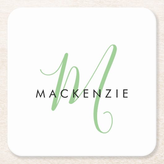 Elegant Modern White Green Script Monogram Rechteckiger Pappuntersetzer (Vorderseite)