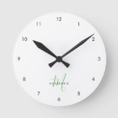 Elegant Modern White Green Script Monogram Runde Wanduhr (Vorderseite)