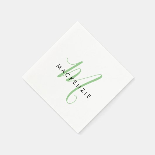 Elegant Modern White Green Script Monogram Serviette (Ecke)