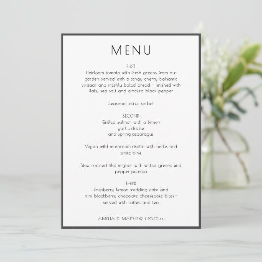 Elegant Modern White Simple Wedding Menu Card Einladung (Stehend Vorderseite)