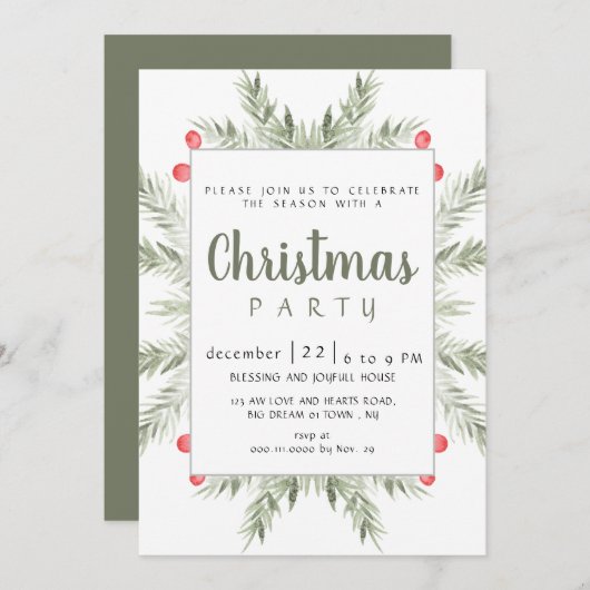 Elegant Modern Winter Greenery Christmas Party Einladung (Vorne/Hinten)