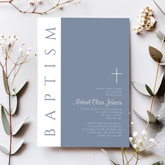 Elegant Moderne Dusty Blue Cross Taufe Einladung