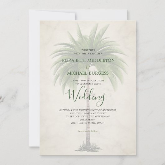 Elegant Moderne Grüne Palme Formal Champagne Hochz Einladung (Rückseite)