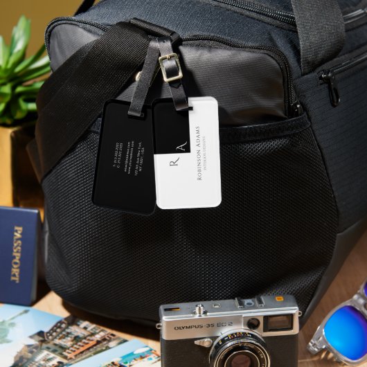 Elegant Moderne Half Schwarz Halbweiß Mit Monogram Gepäckanhänger (Vorderseite & Rückseite)