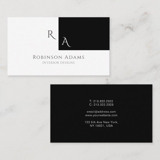 Elegant Moderne Half Schwarz Halbweiß Mit Monogram Visitenkarte (Vorne/Hinten)