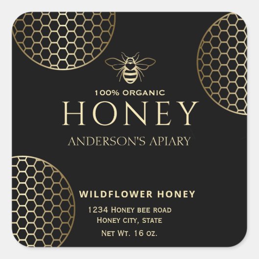 Elegant Moderne Kreise goldene Honigwabenbiene Quadratischer Aufkleber (Vorderseite)