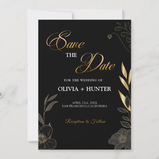 Elegant Moderne Schwarz-Gold-Blüte Save The Date (Vorderseite)