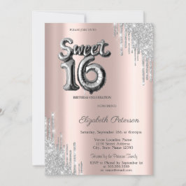 Elegant Moderne Silver Tropfen Balloon Sweet 16 Einladung