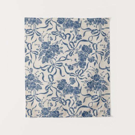 Elegant Moderne Vintage Elfenbein Marineblau Blume Wandteppich (Vorderseite)