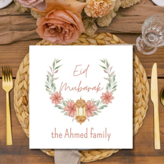 Elegant Modernes Blumenegel Mubarak Name Rosa Weiß Serviette
