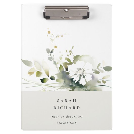 Elegant Modernes Boho Abstrakt grüne weiße Blüte Klemmbrett (Vorderseite)