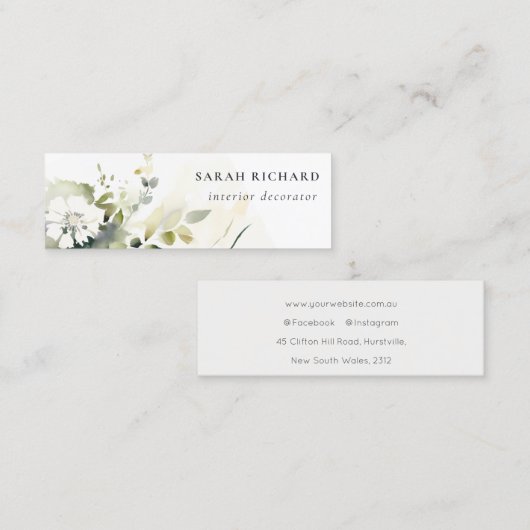 Elegant Modernes Boho Abstrakt grüne weiße Blüte Mini Visitenkarte (Vorne/Hinten)