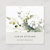 Elegant Modernes Boho Abstrakt grüne weiße Blüte Quadratische Visitenkarte (Vorderseite)