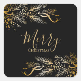 Elegant Modernes Gold Black Pine Frohe Weihnachten Quadratischer Aufkleber