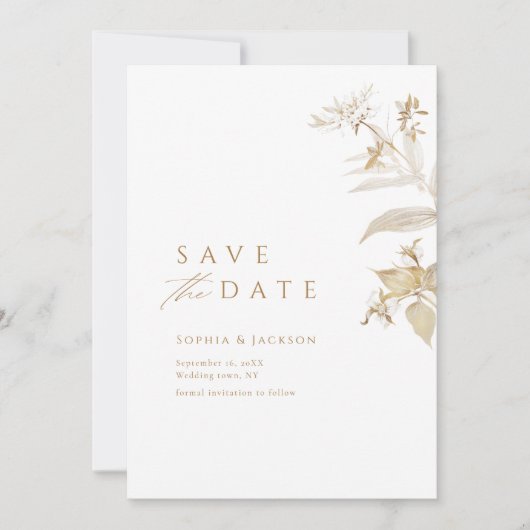 Elegant Modernes Gold Botanisches Floral Save the Save The Date (Vorderseite)