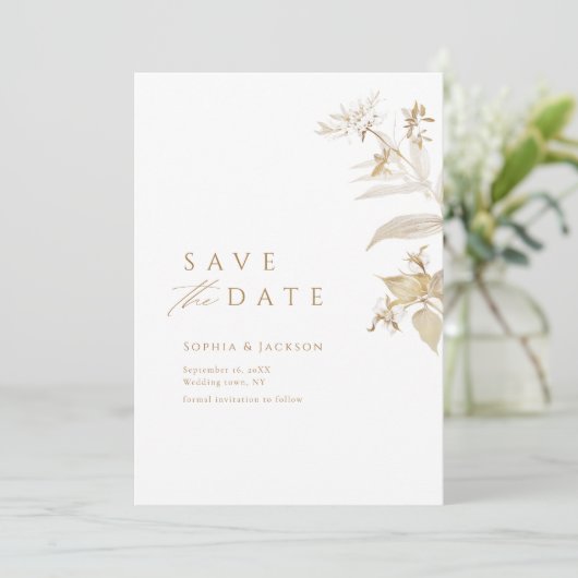 Elegant Modernes Gold Botanisches Floral Save the Save The Date (Stehend Vorderseite)