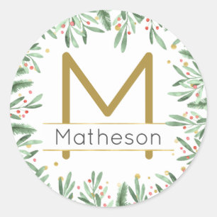 Elegant Modernes Holiday Monogram Red Green und Go Runder Aufkleber
