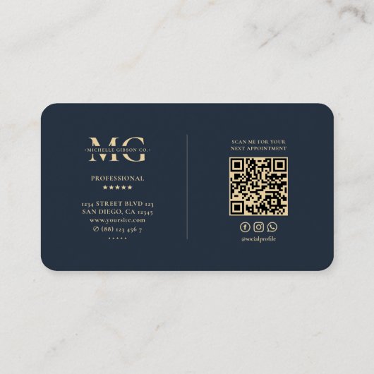 Elegant Modernes Monogram Dark Blue Beruflich Visitenkarte (Rückseite)