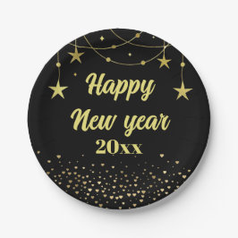 Elegant Modernes Schwarz und Gold Happy Neues Jahr Pappteller
