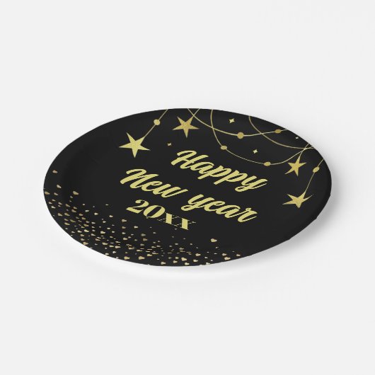 Elegant Modernes Schwarz und Gold Happy Neues Jahr Pappteller (Schrägansicht)