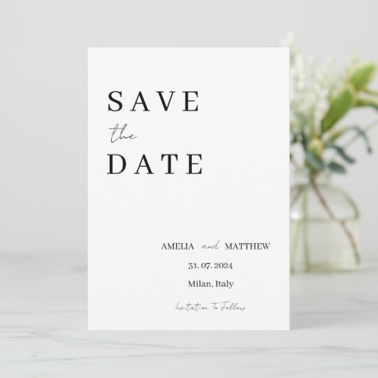 Elegant Modernes Schwarz-Weiß-Minimalistisch Save The Date (Stehend Vorderseite)