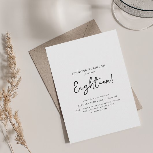Elegant Modernes Script 18. Geburtstag Schwarz & W Einladung