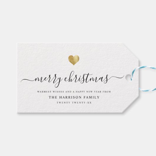 Elegant Modernes Script Gold Herz Frohe Weihnachte Geschenkanhänger (Vorderseite (Horizontal))