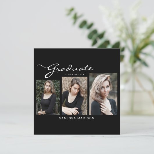 Elegant Modernes Script-Minimal | 3 FOTO ABSCHLUSS Ankündigung (Stehend Vorderseite)