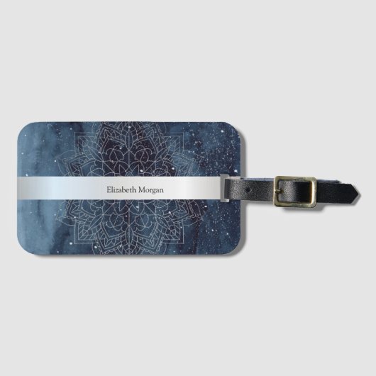 Elegant Modernes Silver Mandala Stripe Navy Blue Gepäckanhänger (Vorderseite (Horizontal))