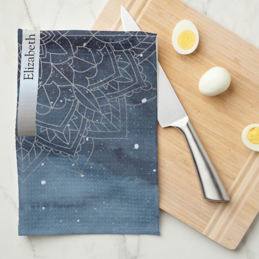 Elegant Modernes Silver Mandala Stripe Navy Blue Geschirrtuch (Viertel Falte)