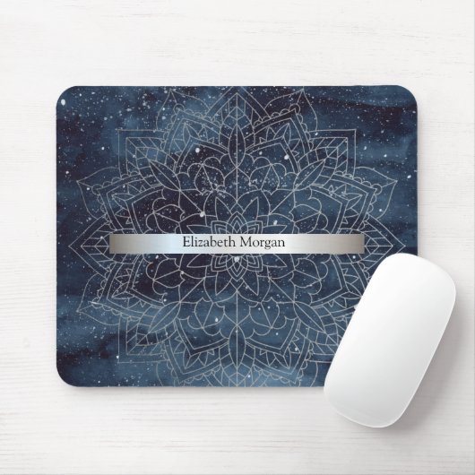 Elegant Modernes Silver Mandala Stripe Navy Blue Mousepad (Mit Mouse)