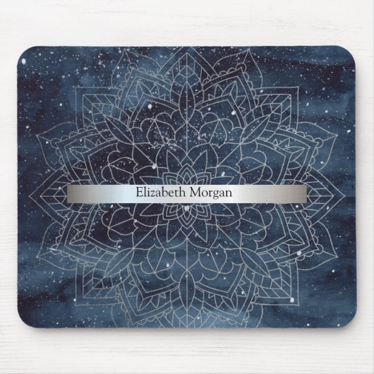 Elegant Modernes Silver Mandala Stripe Navy Blue Mousepad (Vorne)